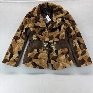 Taunt Women's Faux Fur Jacket Brown Tan Butterfly Lace-Up Waist Coat Size L